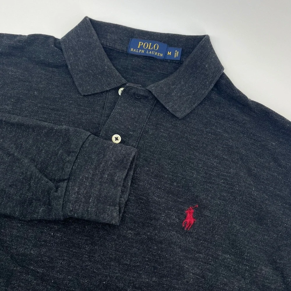 Polo Ralph Lauren Long Sleeve Polo Mens M Charcoal Grey Red Pony Logo Classic